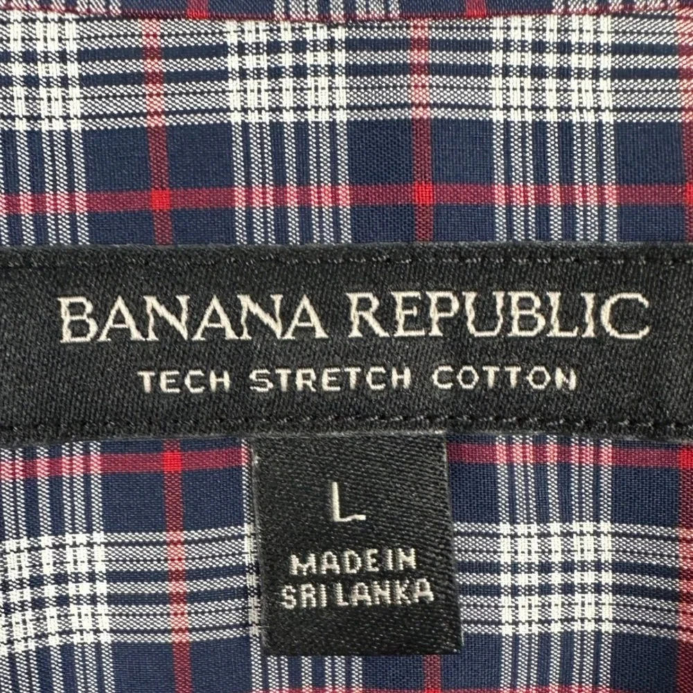 NEW Banana Republic Shirt Mens Large Slim Flex Fit Navy Red Plaid Tech Stretch